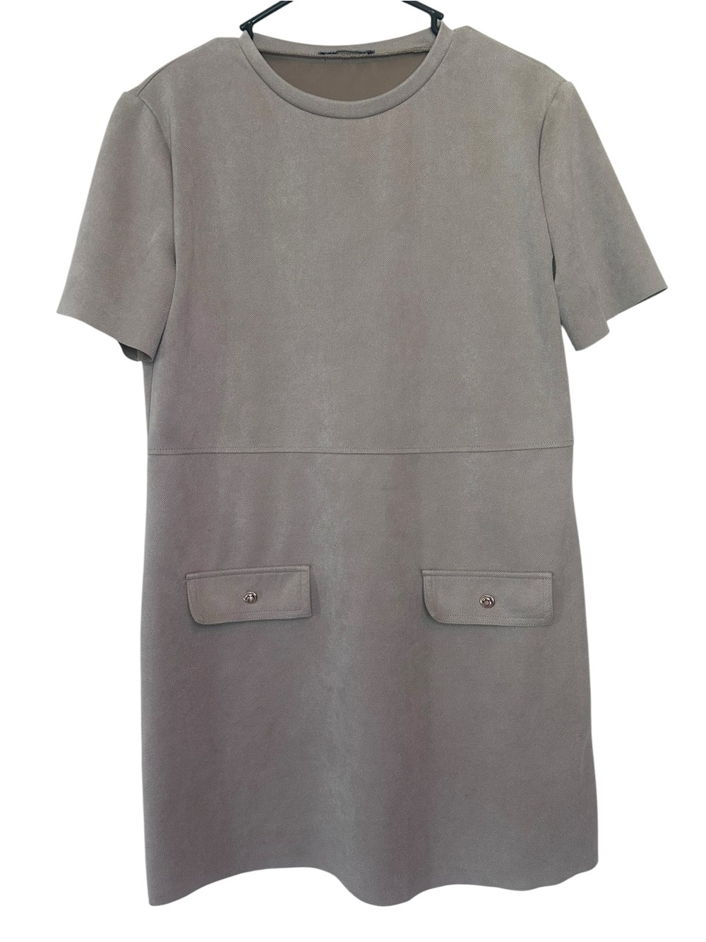 Zara Taupe Short Sleeve Shift Dress with Front Pockets